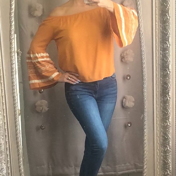 Pumpkin Orange Off-Shoulder Shirt - Picture 2 of 5